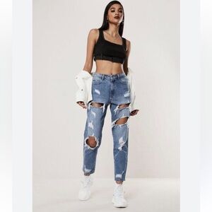 Missguided Womens Jeans 2 Petite Blue Mom Tapered High Waist Ripped Denim Pants